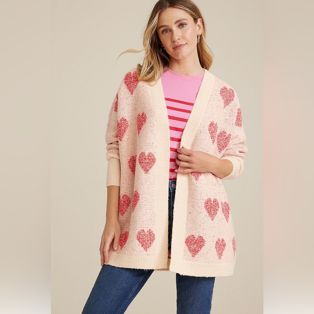 Maurices Cream Cardigan with Pink Heart Pattern